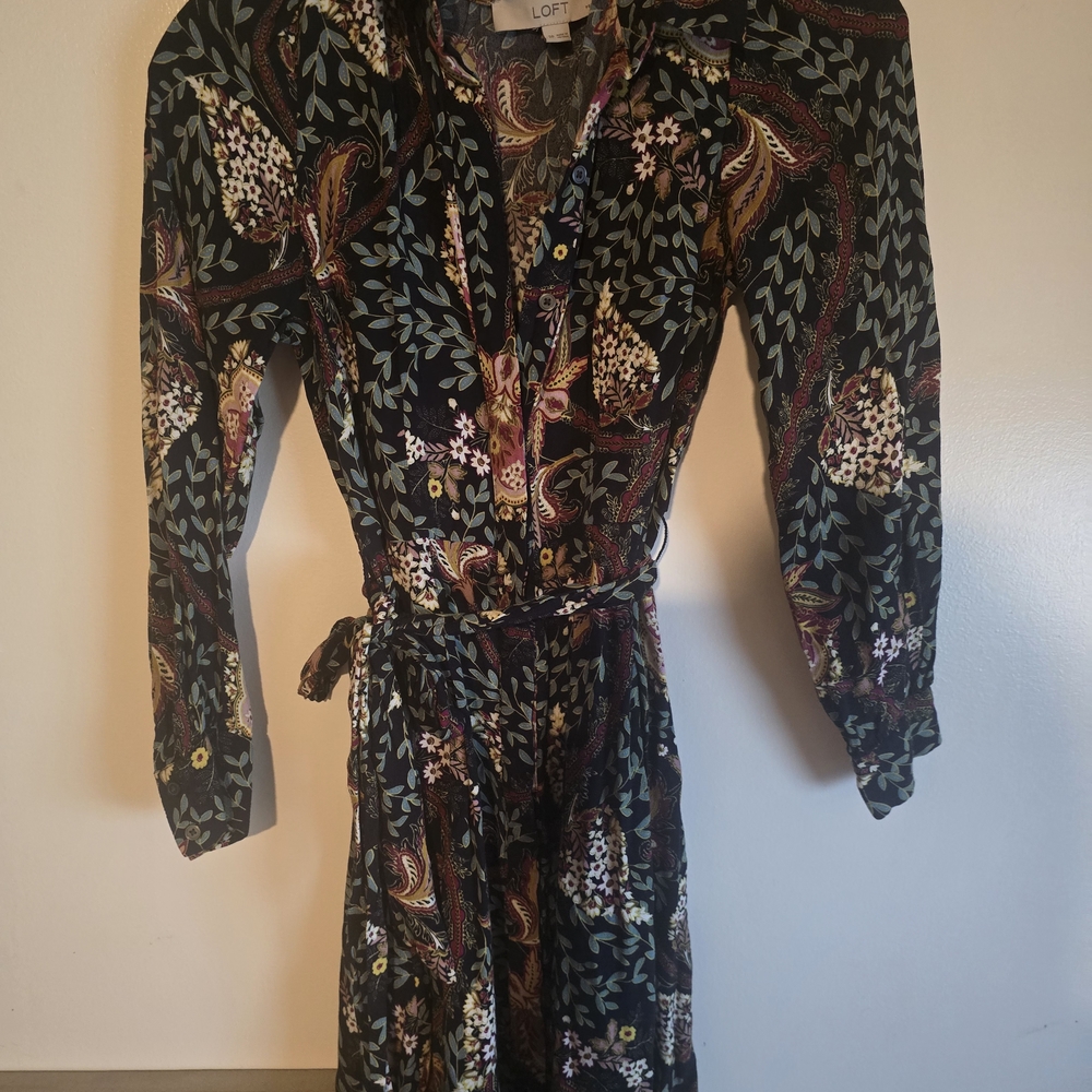 LOFT Long Sleeve Dress - Black with Multicolor Floral